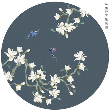 圓形玉蘭花鳥畫