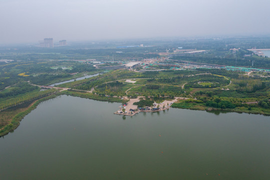 航拍济南龙湖湿地