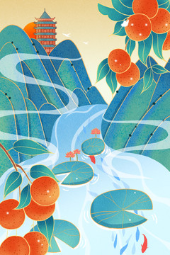 國潮中國風(fēng)山水荔枝插畫
