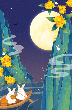 國潮中國風(fēng)中秋桂花山水插畫