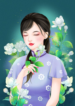 茉莉花旗袍女孩插畫