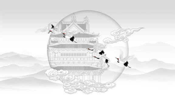 仙鶴樓閣背景墻中式壁畫(huà)