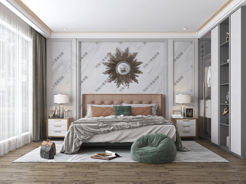 美式卧室墙布壁画背景效果图