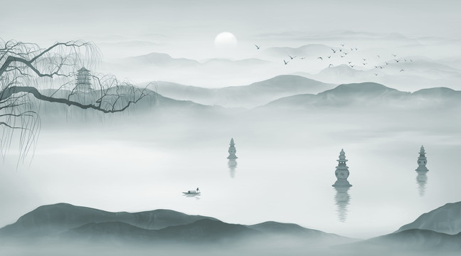 三潭映月山水畫