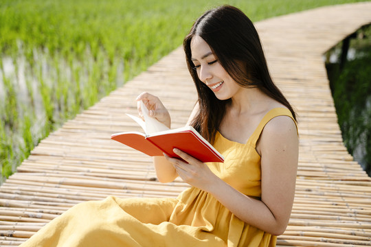 穿着黄色衣服的美丽亚洲旅行家妇女在横跨稻田的木桥上阅读红皮书。