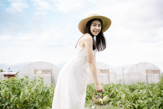 美丽的亚洲农妇戴着帽子，篮子里装满了当地农场的蔬菜。