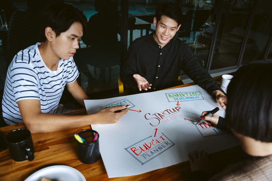 在会议室里，年轻的商业人士一起为新的创业项目工作。