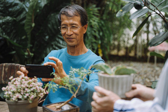 亚洲资深男子在花园里用智能手机拍摄盆景和花盆。