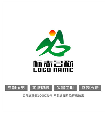 MG字母标志山水红日logo