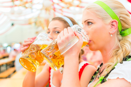 在啤酒节的帐篷里喝巴伐利亚啤酒的妇女或穿着迪恩德尔的傻瓜