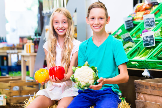 孩子们在超市买有机食品时选择蔬菜