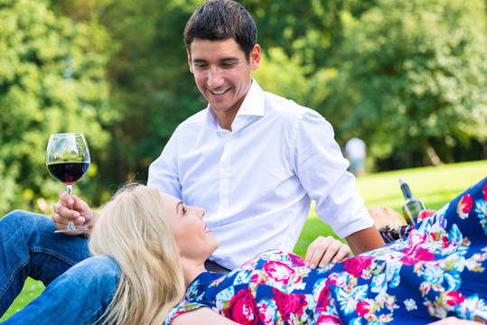 野餐时，一对夫妇在公园草地上喝红酒