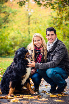 一对幸福的夫妇带着狗在大自然中享受秋天