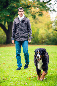 一个男人带着他的狗在秋天公园散步