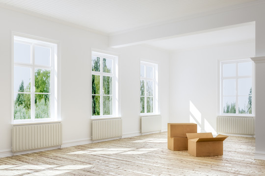 搬入或搬出的三维室内渲染-公寓地板上的空盒子