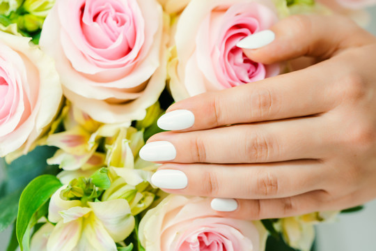 以玫瑰花上的白色指甲为背景的年轻女子的指甲