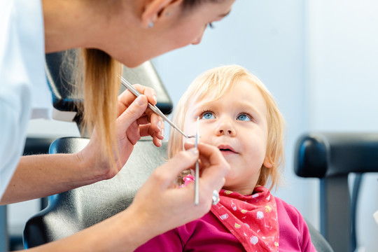 牙医正在用毛绒玩具向孩子解释治疗方法，小女孩正在观看