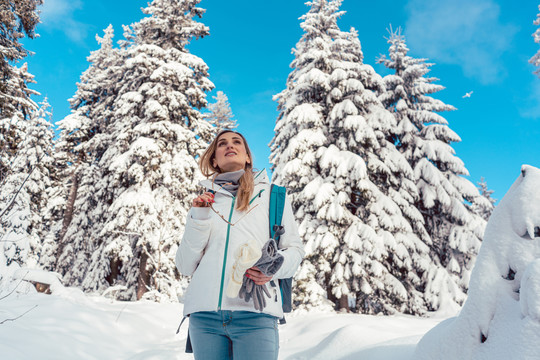 冬天，在蓝天下，在山坡上的雪地里徒步旅行