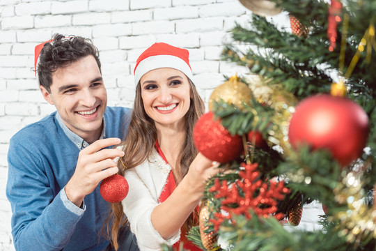 夫妇俩在家用装饰品装饰圣诞树