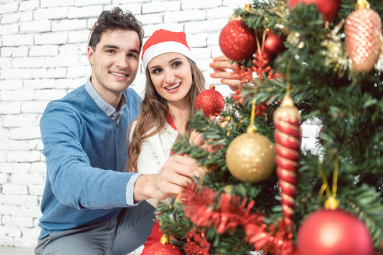 夫妇俩在家用装饰品装饰圣诞树