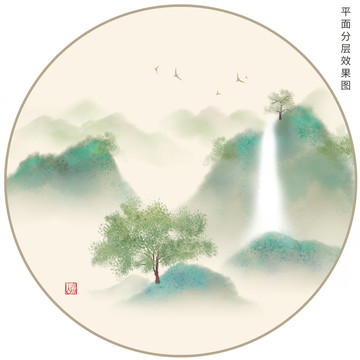 圓形水墨山水