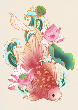國潮風插畫金魚荷花插畫