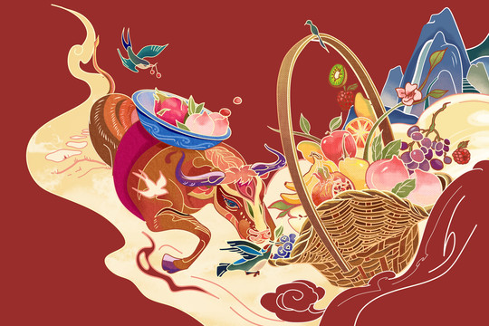 水果牛國潮插畫