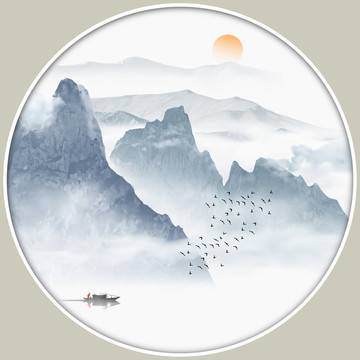水墨山水畫(huà)圓形鏡心