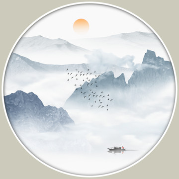 水墨山水畫圓形鏡心