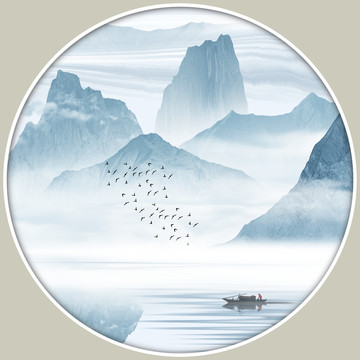 水墨山水畫圓形鏡心