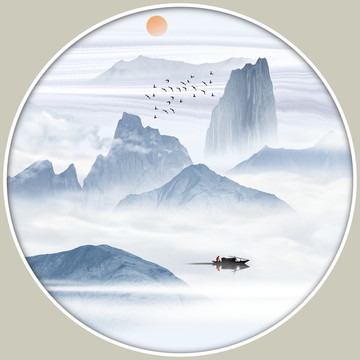 水墨山水畫圓形鏡心