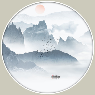 水墨山水畫圓形鏡心