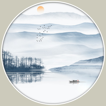 水墨山水畫圓形鏡心