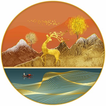 新中式抽象山水麋鹿招財裝飾畫