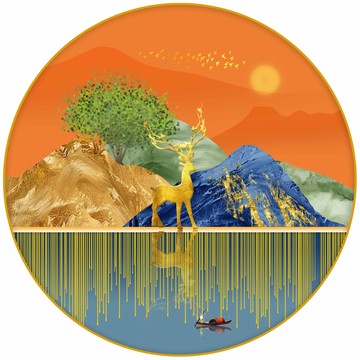 新中式幾何山水麋鹿招財裝飾畫