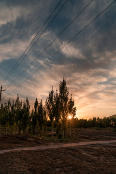 中国西部新疆傍晚夕阳自然风光