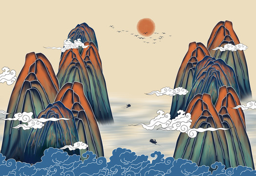 國潮手繪山水背景墻