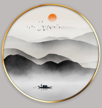 中式客廳玄關(guān)圓形山水畫