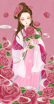 古風(fēng)漢服玫瑰花美人封面裝飾插畫(huà)