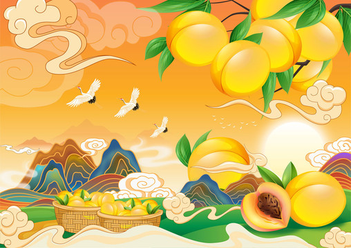 黃桃包裝國潮插畫