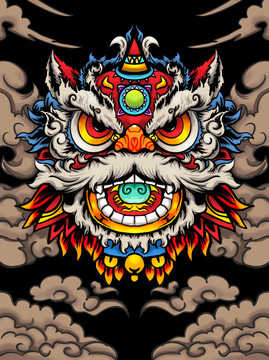 國潮舞獅插畫