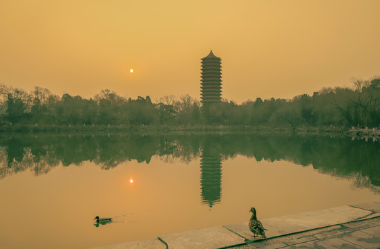 雾霾天游学北京大学未名湖