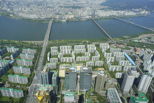 韩国首尔汉江跨江大桥鸟瞰