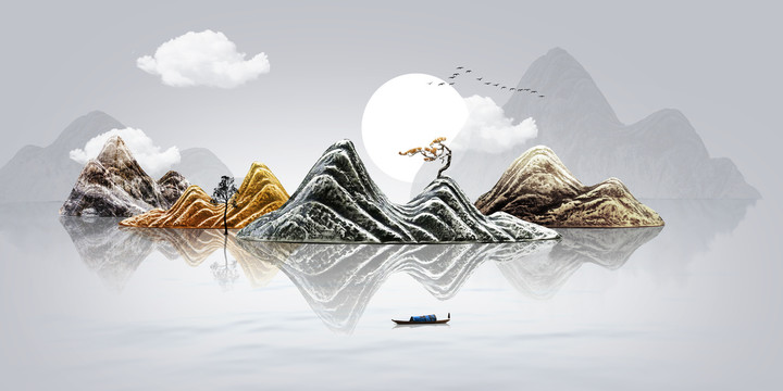 新中式月夜禅意立体浮雕山水画