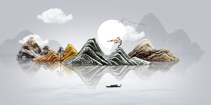 新中式月夜禪意立體浮雕山水畫