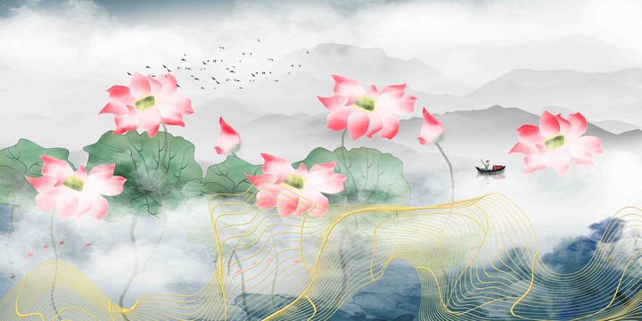 水墨荷花云霧背景