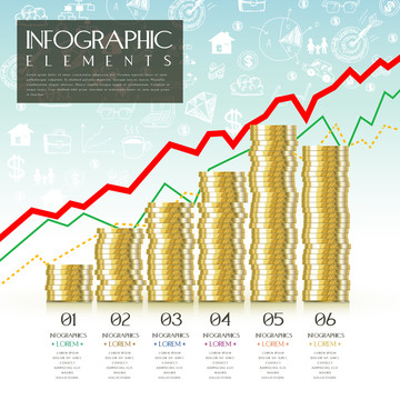 手绘插图背景金色钱币堆实虚折线信息图表