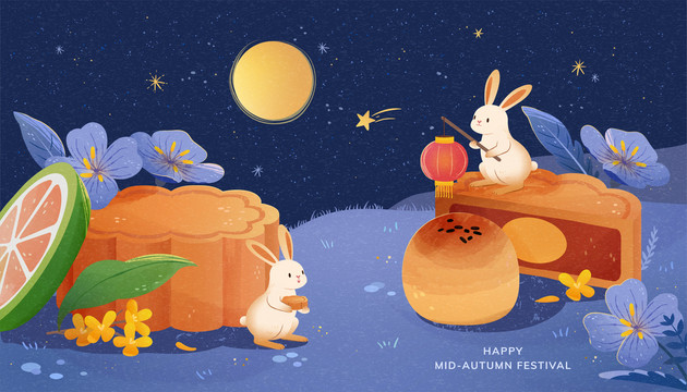 中秋佳节满月夜玉兔与月饼横幅插图