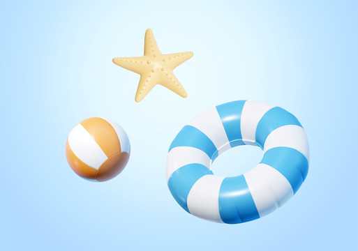 三维泳圈 海滩球与海星素材