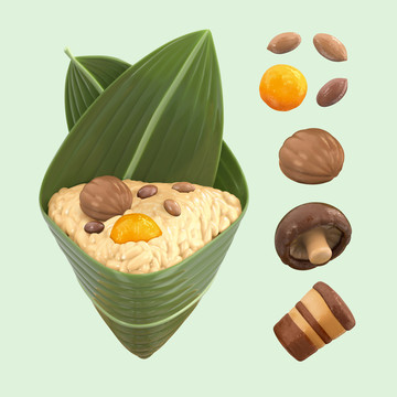 3D立體美味肉粽與餡料素材